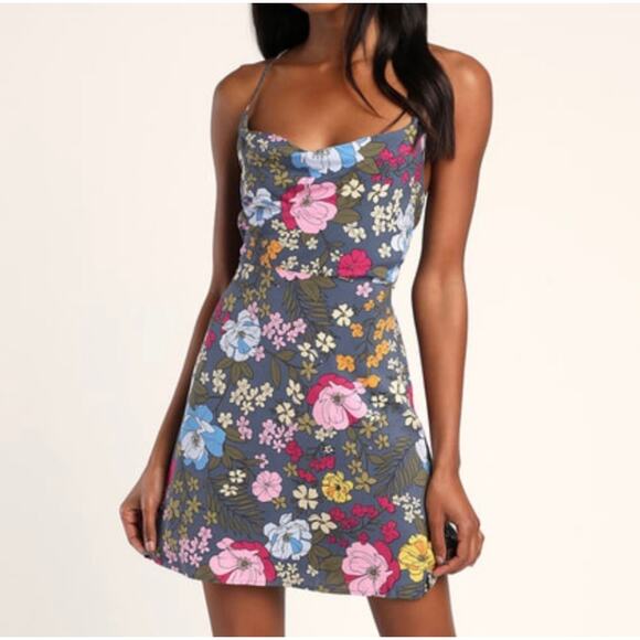 Womens Lulus Generate Joy Navy Floral Print‎ Tie Open Back Mini Dress Size XL - Picture 1 of 13